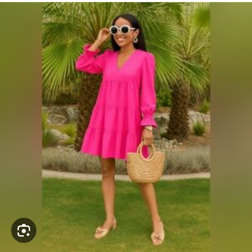 Pomander Place Hot Pink V-Neck Tiered Mini Dress